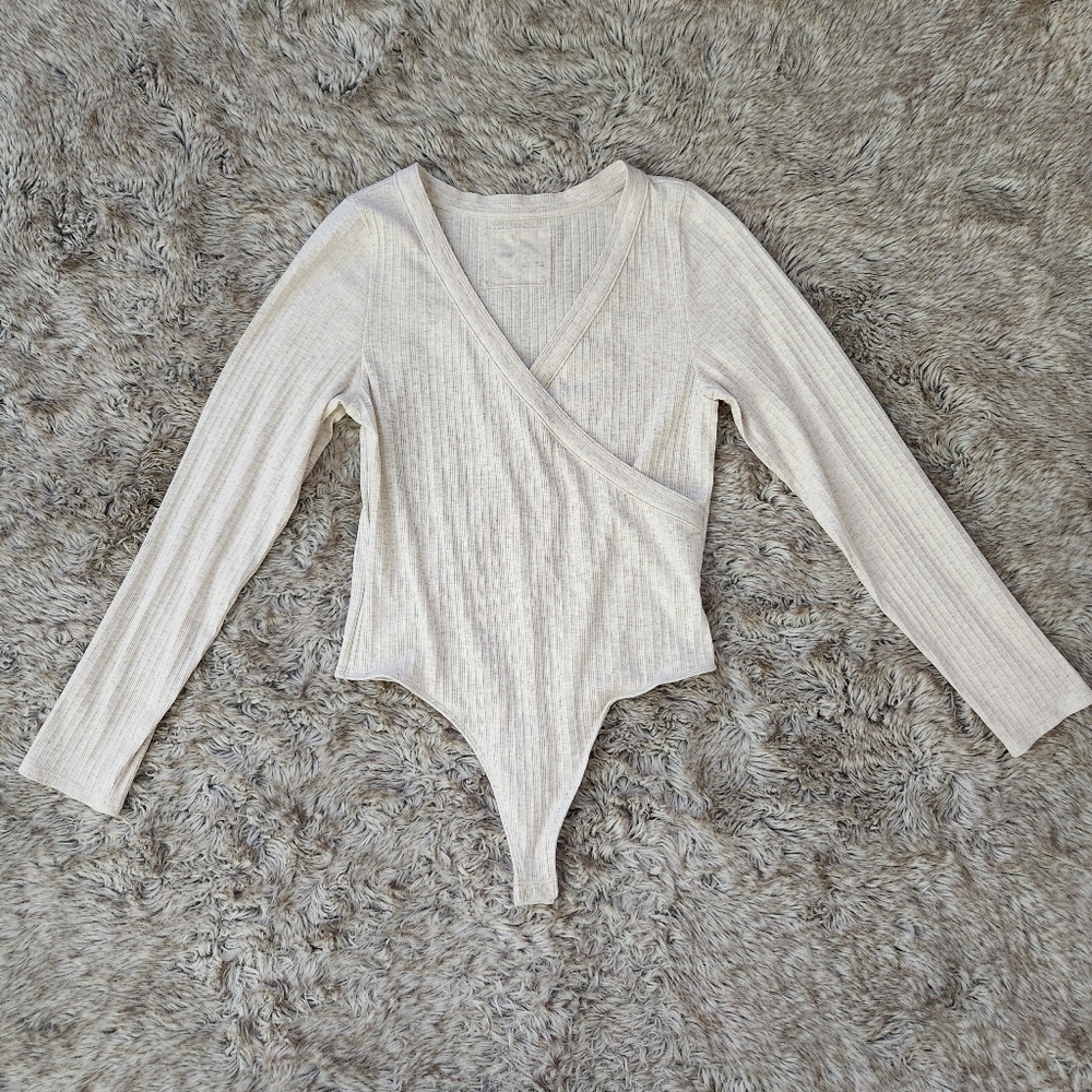Aerie Long‎ Sleeve Ribbed Surplice Bodysuit In Beige Women's Size Large